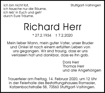 Traueranzeige von Richard Herr von Stuttgarter Zeitung / Stuttgarter Nachrichten