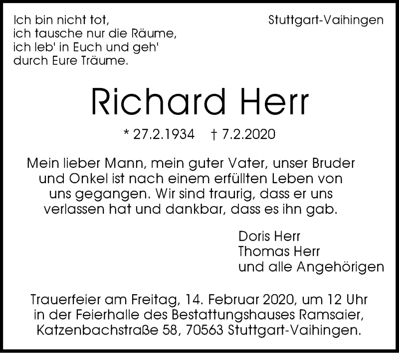  Traueranzeige für Richard Herr vom 10.02.2020 aus Stuttgarter Zeitung / Stuttgarter Nachrichten