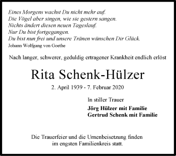 Traueranzeige von Rita Schenk-Hülzer von Stuttgarter Zeitung / Stuttgarter Nachrichten