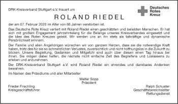 Traueranzeige von Roland Riedel von Stuttgarter Zeitung / Stuttgarter Nachrichten