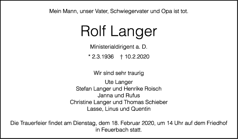  Traueranzeige für Rolf Langer vom 13.02.2020 aus Stuttgarter Zeitung / Stuttgarter Nachrichten