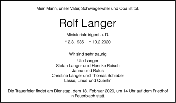 Traueranzeige von Rolf Langer von Stuttgarter Zeitung / Stuttgarter Nachrichten