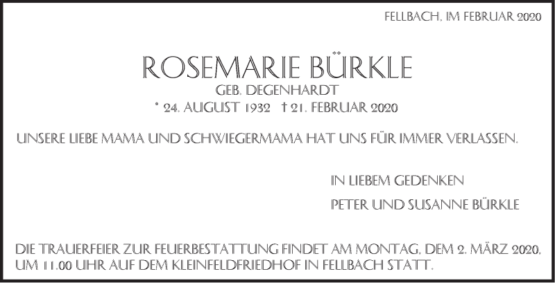  Traueranzeige für Rosemarie Bürkle vom 27.02.2020 aus Stuttgarter Zeitung / Stuttgarter Nachrichten