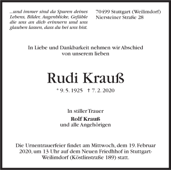 Traueranzeige von Rudi Krauß von Stuttgarter Zeitung / Stuttgarter Nachrichten