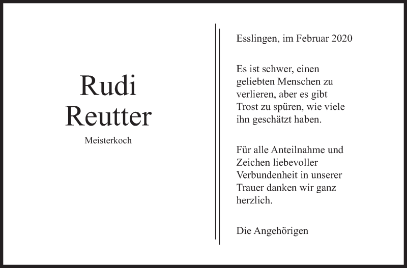  Traueranzeige für Rudi Reutter vom 08.02.2020 aus Stuttgarter Zeitung / Stuttgarter Nachrichten