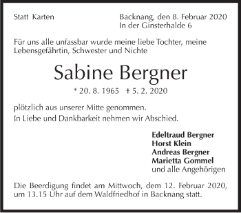 Traueranzeige von Sabine Bergner von Stuttgarter Zeitung / Stuttgarter Nachrichten