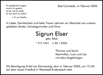 Traueranzeige von Sigrun Elser von Stuttgarter Zeitung / Stuttgarter Nachrichten