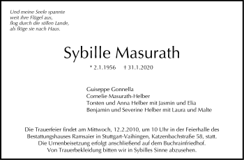 Traueranzeige von Sybille Masurath von Stuttgarter Zeitung / Stuttgarter Nachrichten