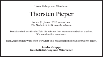 Traueranzeige von Thorsten Pieper von Stuttgarter Zeitung / Stuttgarter Nachrichten