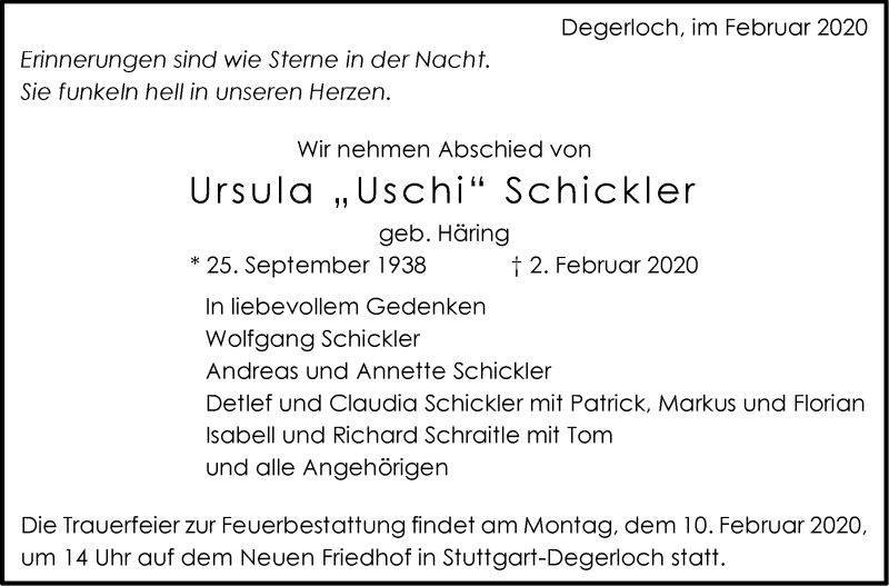  Traueranzeige für Ursula Schickler vom 08.02.2020 aus Stuttgarter Zeitung / Stuttgarter Nachrichten