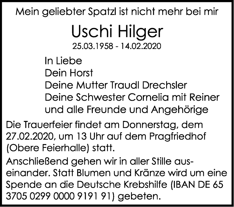  Traueranzeige für Uschi Hilger vom 22.02.2020 aus Stuttgarter Zeitung / Stuttgarter Nachrichten