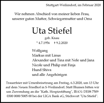Traueranzeige von Uta Stiefel von Stuttgarter Zeitung / Stuttgarter Nachrichten