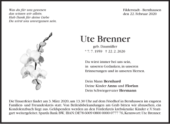Traueranzeige von Ute Brenner von Stuttgarter Zeitung / Stuttgarter Nachrichten