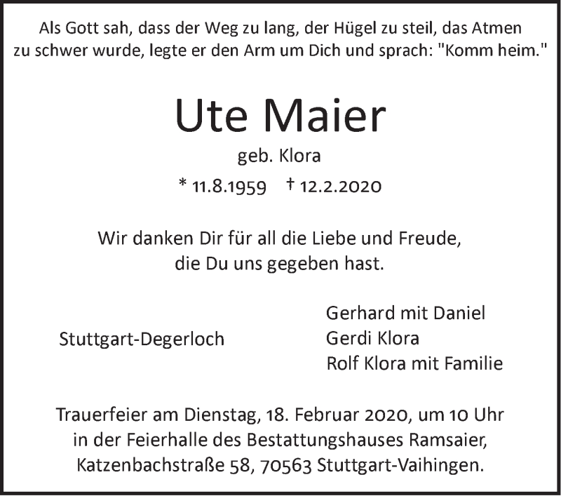  Traueranzeige für Ute Maier vom 15.02.2020 aus Stuttgarter Zeitung / Stuttgarter Nachrichten
