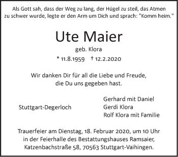 Traueranzeige von Ute Maier von Stuttgarter Zeitung / Stuttgarter Nachrichten