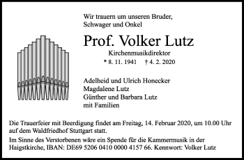 Traueranzeige von Volker Lutz von Stuttgarter Zeitung / Stuttgarter Nachrichten
