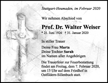 Traueranzeige von Walter Weiser von Stuttgarter Zeitung / Stuttgarter Nachrichten