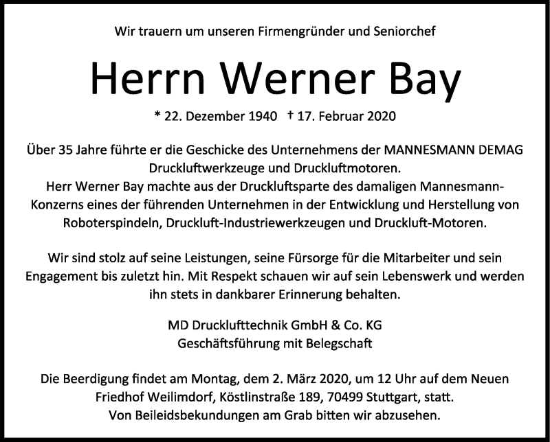  Traueranzeige für Werner Bay vom 25.02.2020 aus Stuttgarter Zeitung / Stuttgarter Nachrichten