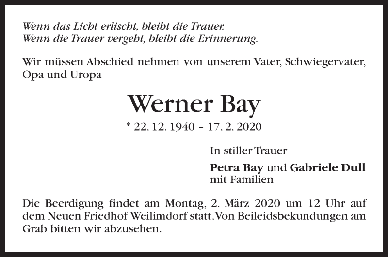  Traueranzeige für Werner Bay vom 26.02.2020 aus Stuttgarter Zeitung / Stuttgarter Nachrichten