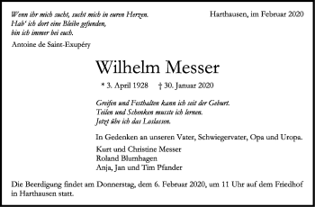 Traueranzeige von Wilhelm Messer von Stuttgarter Zeitung / Stuttgarter Nachrichten