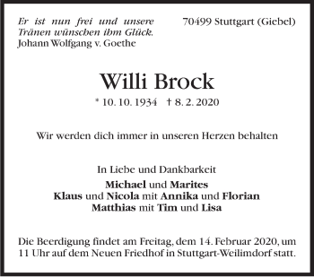 Traueranzeige von Willi Brock von Stuttgarter Zeitung / Stuttgarter Nachrichten