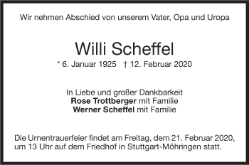 Traueranzeige von Willi Scheffel von Stuttgarter Zeitung / Stuttgarter Nachrichten