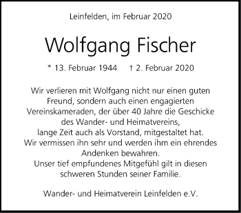 Traueranzeige von Wolfgang Fischer von Stuttgarter Zeitung / Stuttgarter Nachrichten
