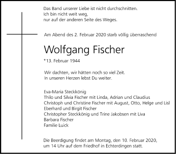Traueranzeige von Wolfgang Fischer von Stuttgarter Zeitung / Stuttgarter Nachrichten
