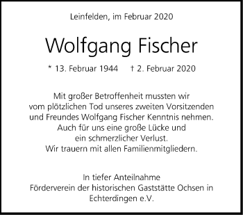 Traueranzeige von Wolfgang Fischer von Stuttgarter Zeitung / Stuttgarter Nachrichten