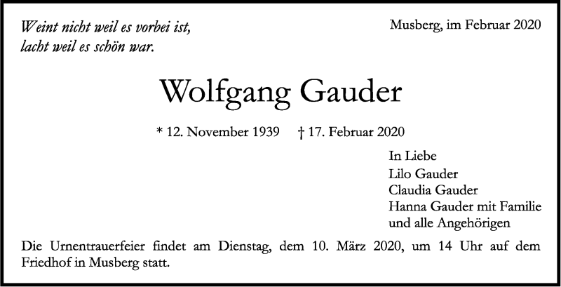 Traueranzeige für Wolfgang Gauder vom 28.02.2020 aus Stuttgarter Zeitung / Stuttgarter Nachrichten