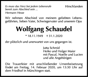 Traueranzeige von Wolfgang Schaudel von Stuttgarter Zeitung / Stuttgarter Nachrichten