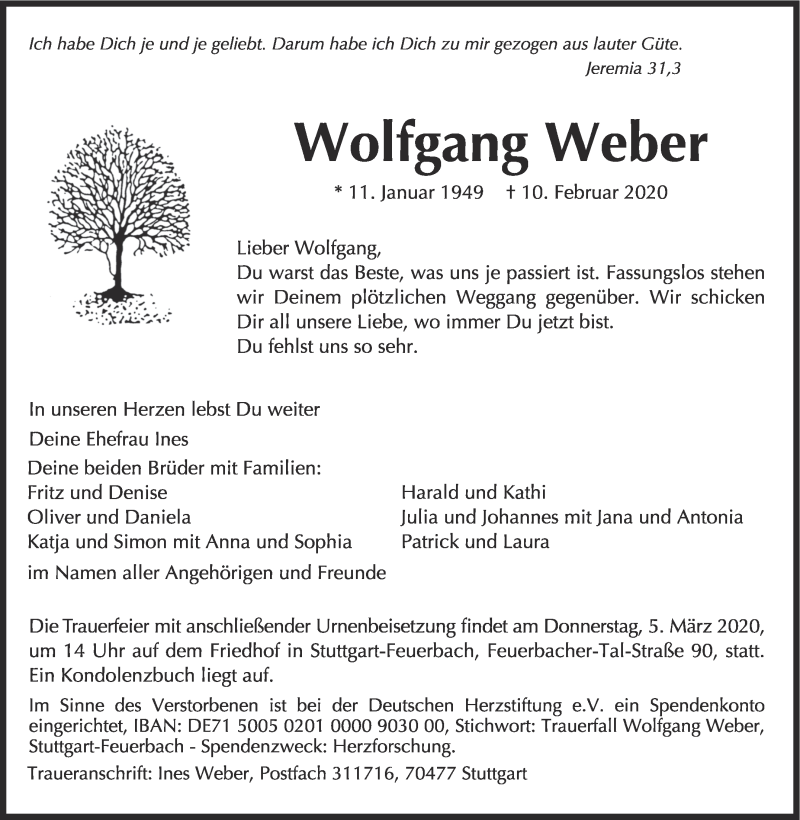  Traueranzeige für Wolfgang Weber vom 22.02.2020 aus Stuttgarter Zeitung / Stuttgarter Nachrichten