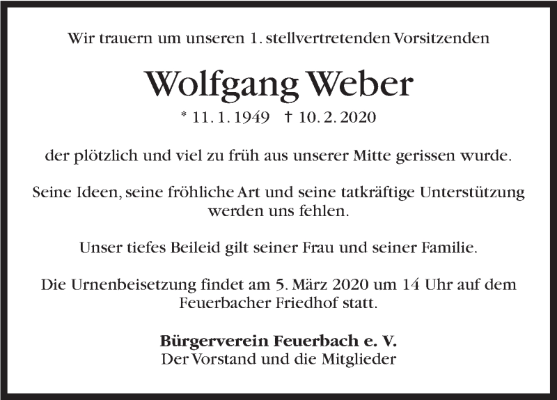  Traueranzeige für Wolfgang Weber vom 22.02.2020 aus Stuttgarter Zeitung / Stuttgarter Nachrichten