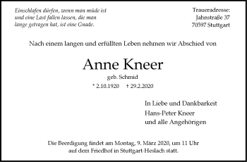 Traueranzeige von Anne Kneer von Stuttgarter Zeitung / Stuttgarter Nachrichten