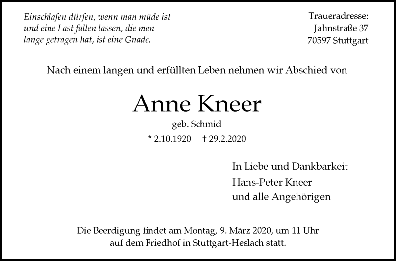  Traueranzeige für Anne Kneer vom 04.03.2020 aus Stuttgarter Zeitung / Stuttgarter Nachrichten