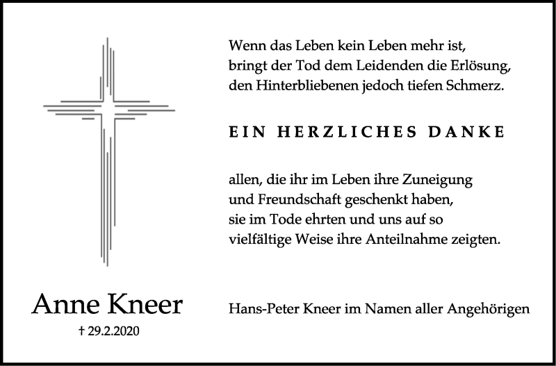  Traueranzeige für Anne Kneer vom 14.03.2020 aus Stuttgarter Zeitung / Stuttgarter Nachrichten