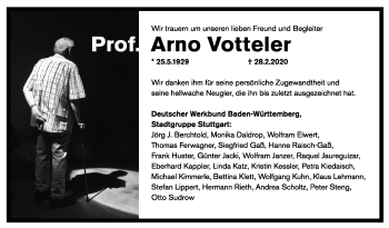 Traueranzeige von Arno Votteler von Stuttgarter Zeitung / Stuttgarter Nachrichten