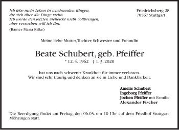 Traueranzeige von Beate Schubert von Stuttgarter Zeitung / Stuttgarter Nachrichten