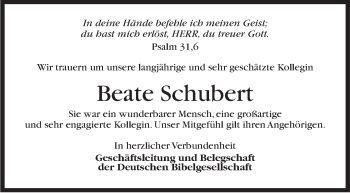 Traueranzeige von Beate Schubert von Stuttgarter Zeitung / Stuttgarter Nachrichten