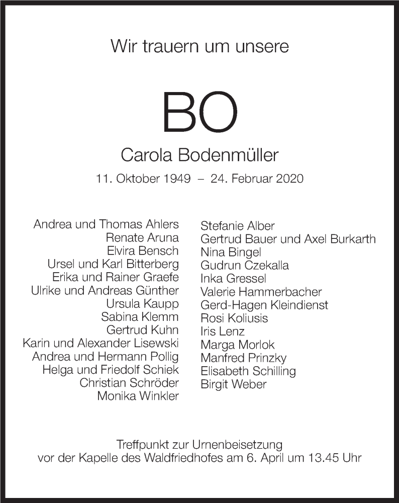  Traueranzeige für Carola Bodenmüller vom 25.03.2020 aus Stuttgarter Zeitung / Stuttgarter Nachrichten