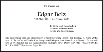 Traueranzeige von Edgar Belz von Stuttgarter Zeitung / Stuttgarter Nachrichten