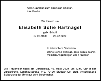 Traueranzeige von Elisabeth Sofie Hartnagel von Stuttgarter Zeitung / Stuttgarter Nachrichten