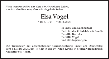 Traueranzeige von Elsa Vogel von Stuttgarter Zeitung / Stuttgarter Nachrichten