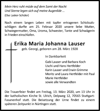 Traueranzeige von Erika Maria Johanna Lauser von Stuttgarter Zeitung / Stuttgarter Nachrichten
