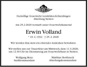 Traueranzeige von Erwin Volland von Stuttgarter Zeitung / Stuttgarter Nachrichten