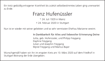 Traueranzeige von Franz Hufenüssler von Stuttgarter Zeitung / Stuttgarter Nachrichten