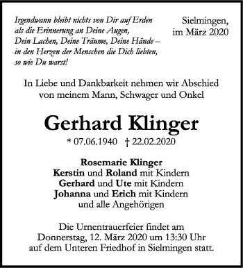 Traueranzeige von Gerhard Klinger von Stuttgarter Zeitung / Stuttgarter Nachrichten