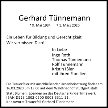 Traueranzeige von Gerhard Tünnemann von Stuttgarter Zeitung / Stuttgarter Nachrichten