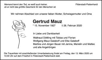 Traueranzeige von Gertrud Mauz von Stuttgarter Zeitung / Stuttgarter Nachrichten