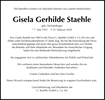 Traueranzeige von Gisela Gerhilde Staehle von Stuttgarter Zeitung / Stuttgarter Nachrichten